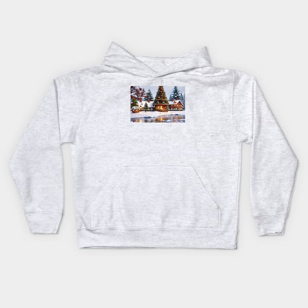 Christmas Cottage on the Lake Kids Hoodie by croper